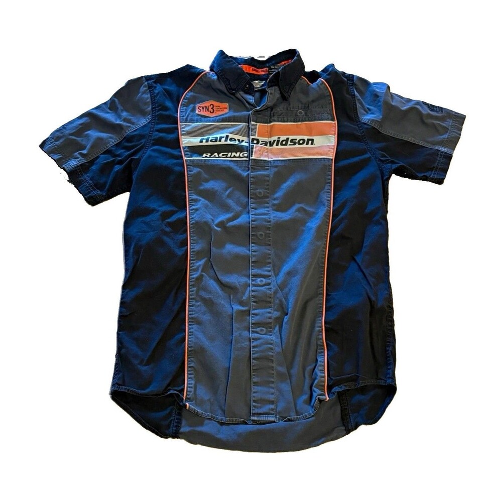 Harley Davidson Racing Shirt Mens Small Black Gray Orange SYN3 Button Up Work